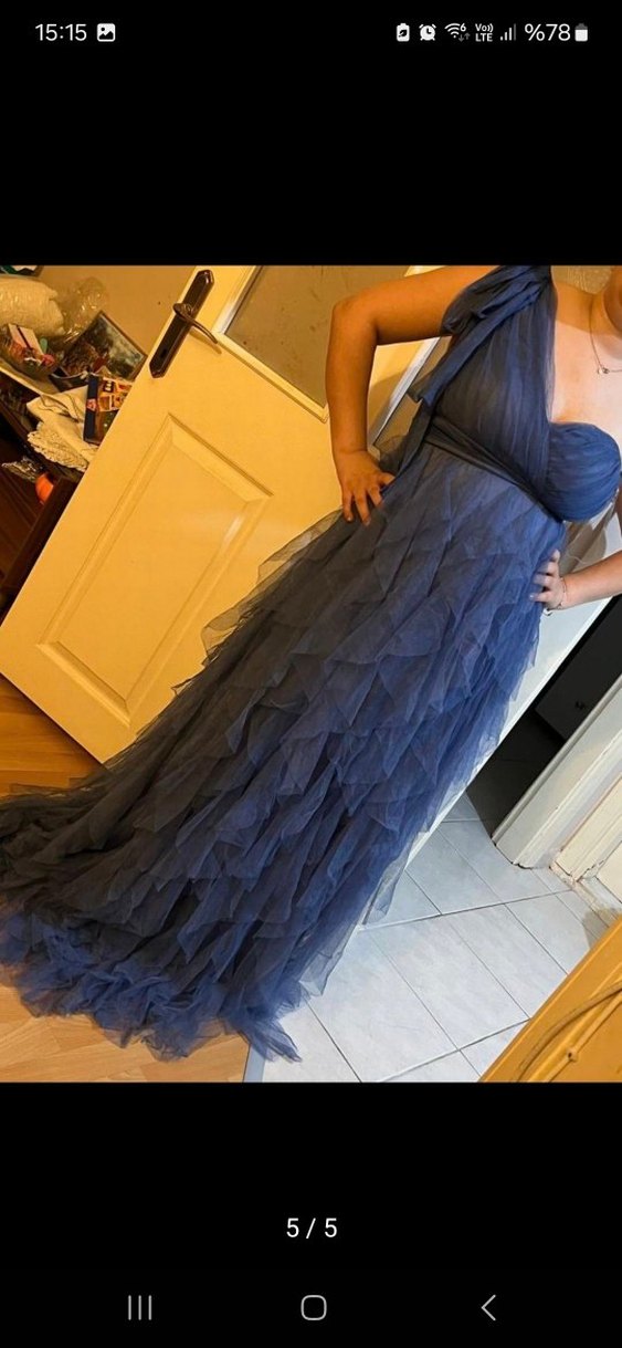 Mavi Tek Omuz Tüllü Abiye Elbise  Yeni, Etiketli - Görsel 4