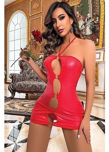 Kadın Fantezi Deri Kostüm Harness Erotik Kıyafet D21018 Kırmızı 