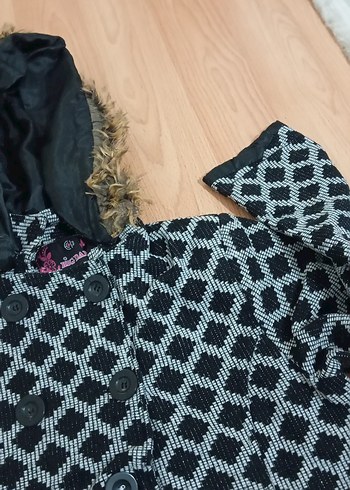 Kapüşonlu Uzun Gri Desenli Kadın Ceket - Görsel 3