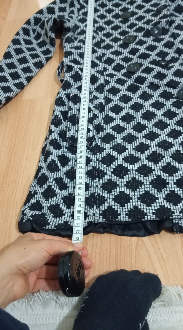 Kapüşonlu Uzun Gri Desenli Kadın Ceket - Görsel 5