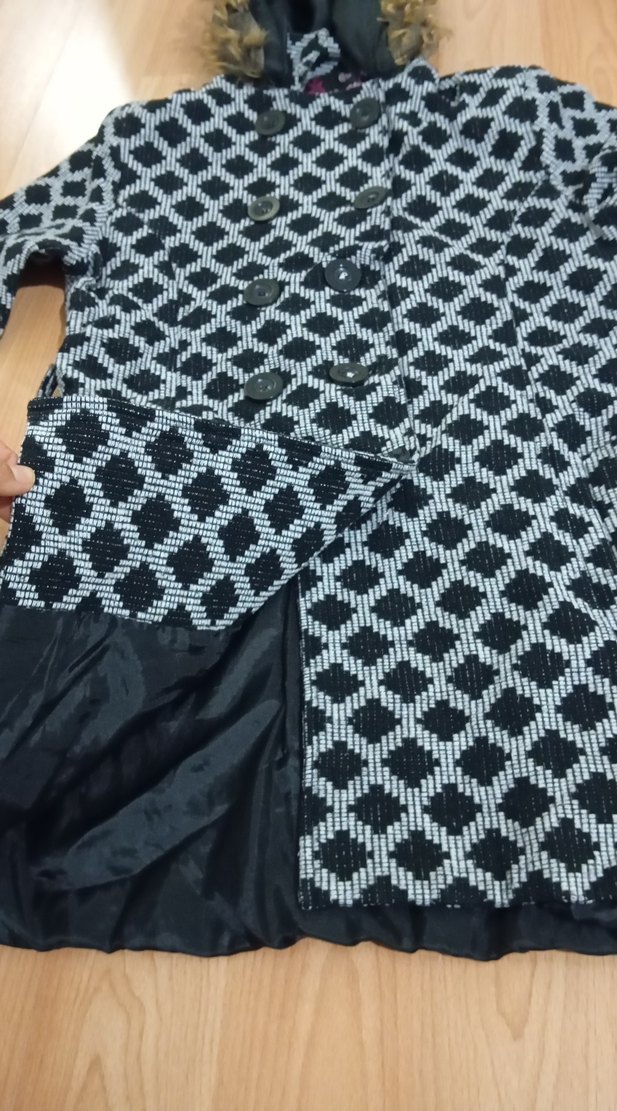 Kapüşonlu Uzun Gri Desenli Kadın Ceket - Görsel 2