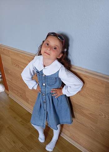 Mavi Düğmeli Kız Çocuk Kot Elbise - Görsel 6