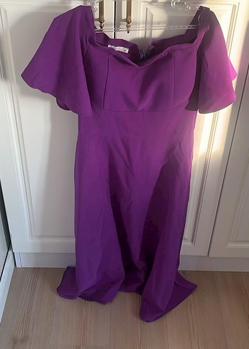 Mor Uzun Kollu Volanlı Elbise - Görsel 2