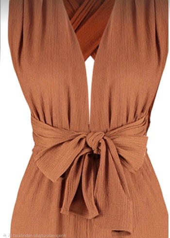 Tarçın renk Kemerli Uzun Kadın Tulum - Görsel 4