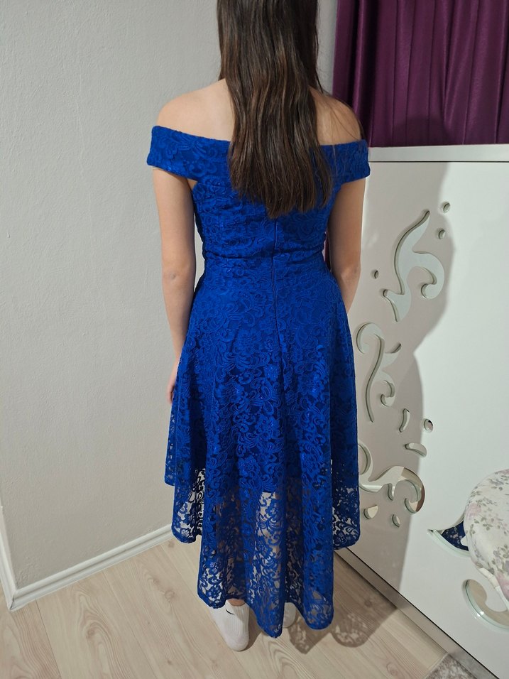 Straplez Dantelli Lacivert Midi Abiye Elbise - Görsel 2