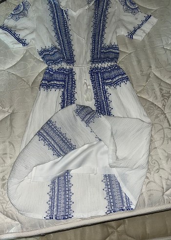 l Beden beyaz Renk Beyaz Mavi Nakışlı Bohem Mini Elbise