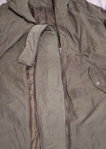 Haki Uzun Kadın Ceket Kapüşonlu Fermuarlı - Görsel 3