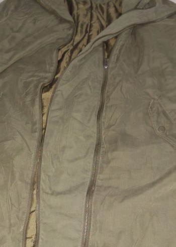 Haki Uzun Kadın Ceket Kapüşonlu Fermuarlı - Görsel 2