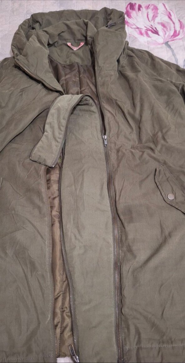 Haki Uzun Kadın Ceket Kapüşonlu Fermuarlı - Görsel 3