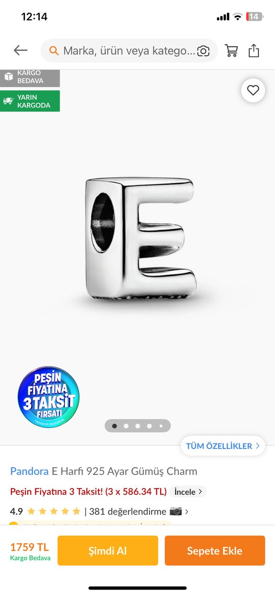 Pandora Gümüş E Harfi Charm - Görsel 2