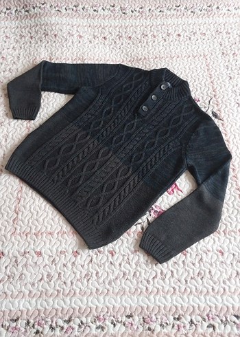 Sıfır Gibi Gri Örgü Erkek Kazak, Yüksek Yaka, Düğmeli - Görsel 5