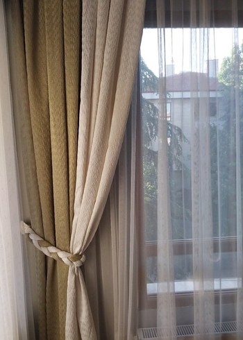 Krem &Haki Yeşil Çift Renkli Klasik Fon Perde 2 Kanat 2 Kemer - Görsel 3