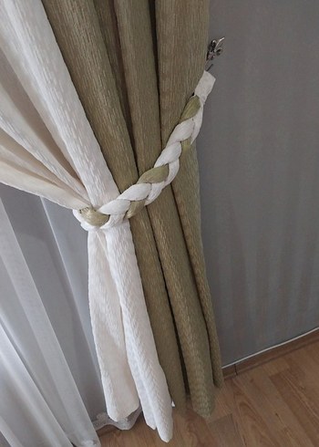 Krem &Haki Yeşil Çift Renkli Klasik Fon Perde 2 Kanat 2 Kemer - Görsel 8