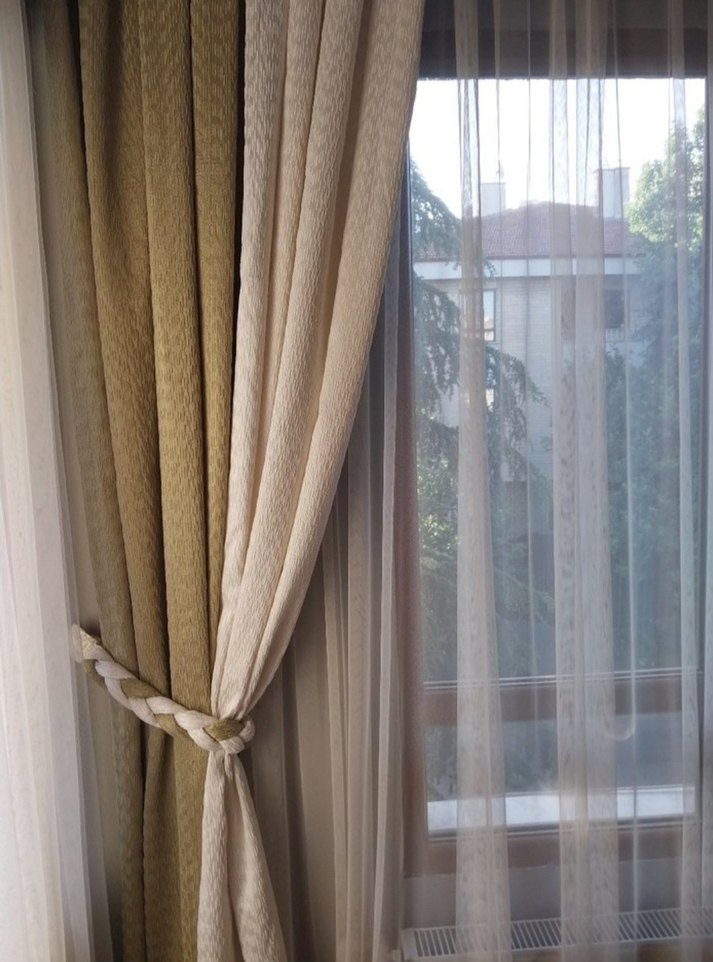 Krem &Haki Yeşil Çift Renkli Klasik Fon Perde 2 Kanat 2 Kemer - Görsel 3