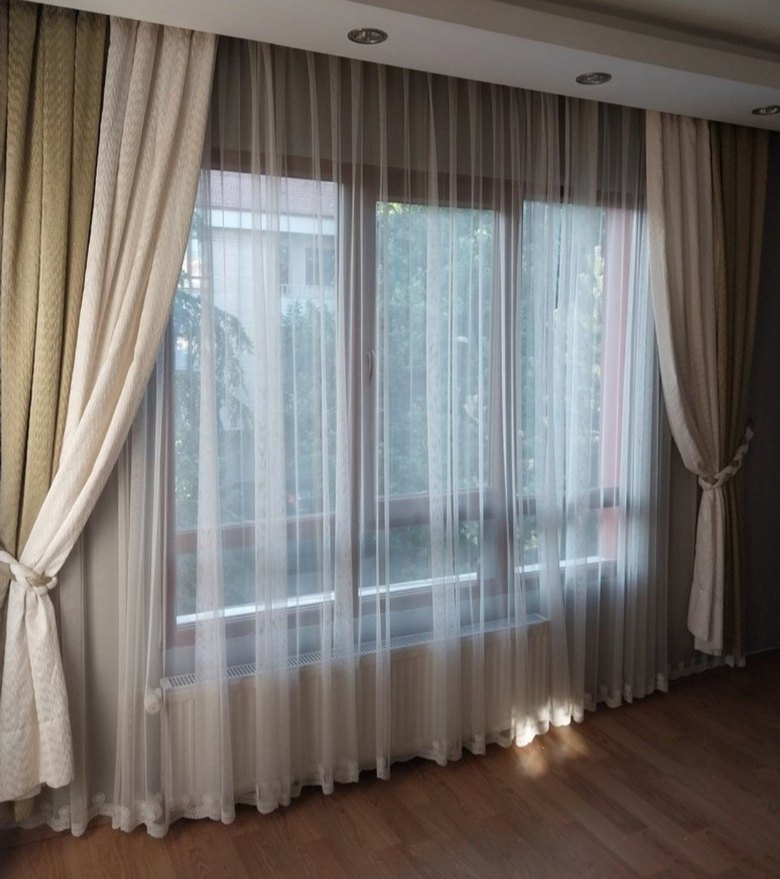 Krem &Haki Yeşil Çift Renkli Klasik Fon Perde 2 Kanat 2 Kemer - Görsel 4