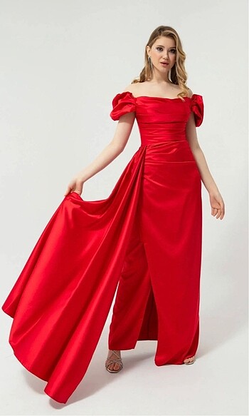 Kırmızı Drapeli Abiye Elbise