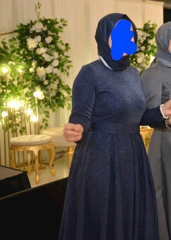 Abiye Uzun Lacivert Drapeli Tesettür Abiye