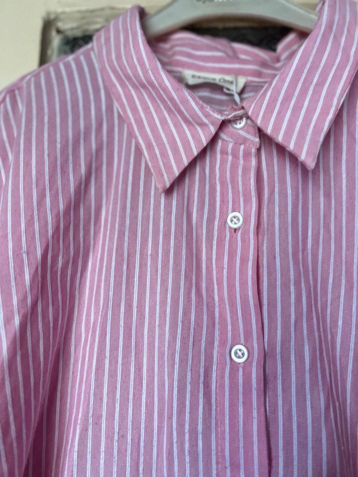 Pembe Çizgili Uzun Kollu Keten Gömlek - Görsel 2