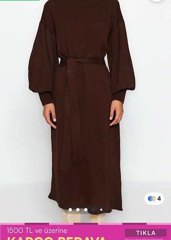 Kahverengi  Uzun Kadın Elbise - Görsel 4
