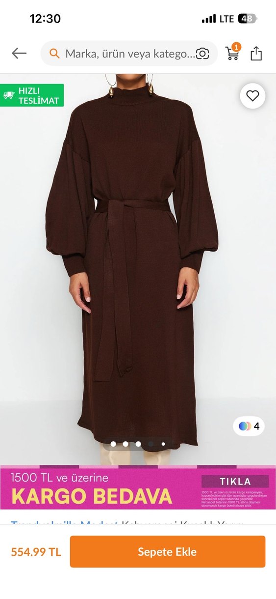 Kahverengi  Uzun Kadın Elbise - Görsel 4