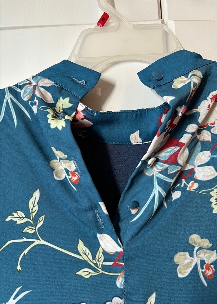 Çiçekli Mavi Elbise Uzun Kollu - Görsel 5