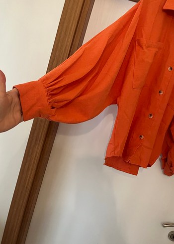 m Beden turuncu Renk Düğmeli Uzun Balon Kollu Keten Gömlek