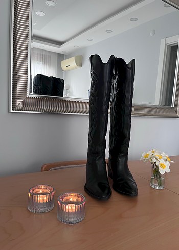 Kadın Siyah Deri Dizüstü Stiletto Çizme