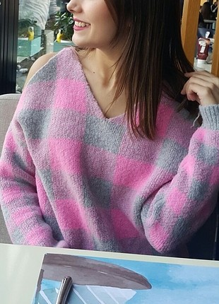 s Beden Gri Pembe Omzu Açık Kazak