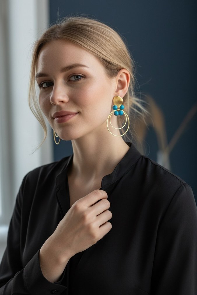 Turkuaz boncuklu halka küpe - Görsel 3