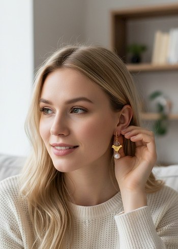 Mini Altın Renkli İnciliKuş Küpeler - Görsel 4