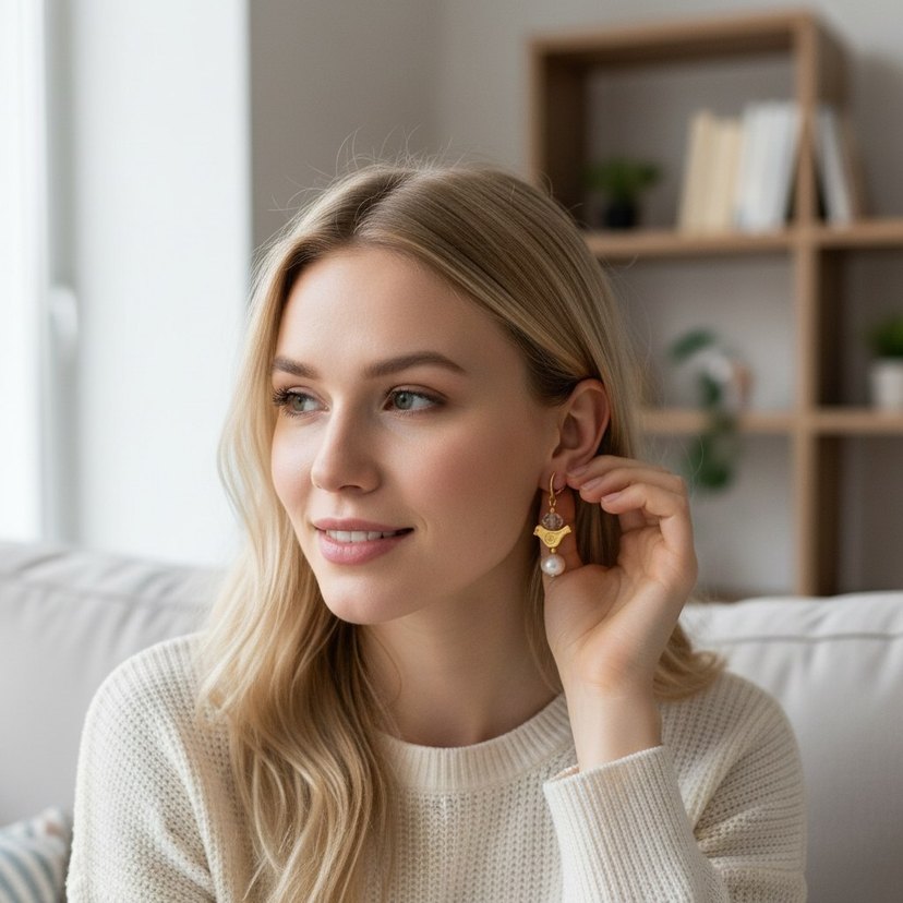 Mini Altın Renkli İnciliKuş Küpeler - Görsel 4