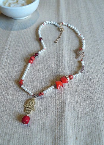 Kırmızı Mercanlı İnci Kolye - Görsel 3