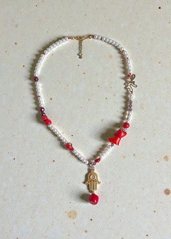 Kırmızı Mercanlı İnci Kolye - Görsel 2