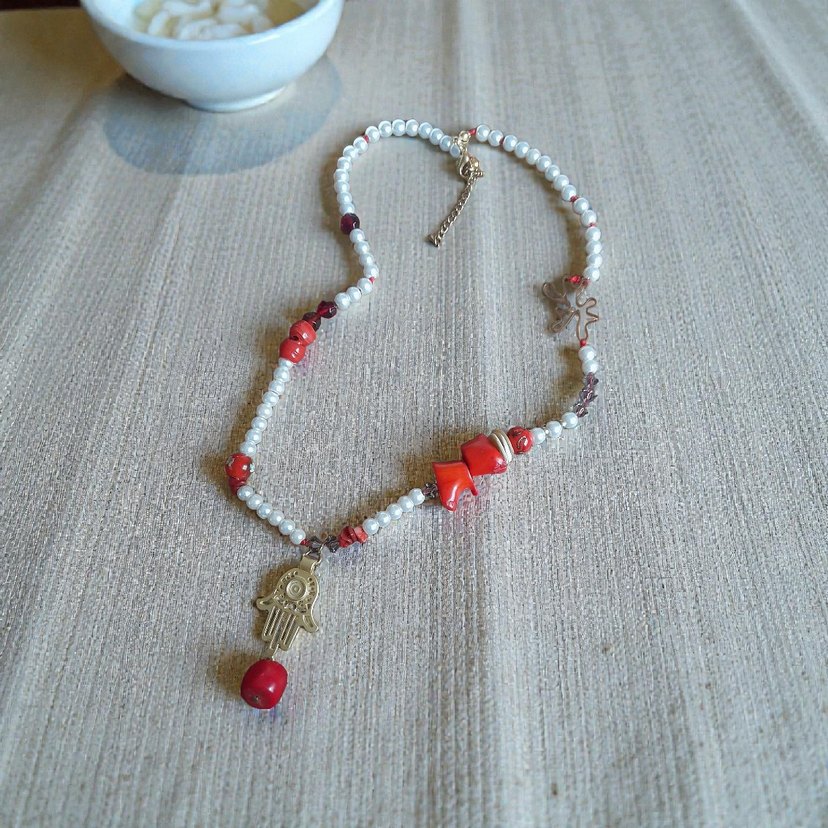 Kırmızı Mercanlı İnci Kolye - Görsel 3