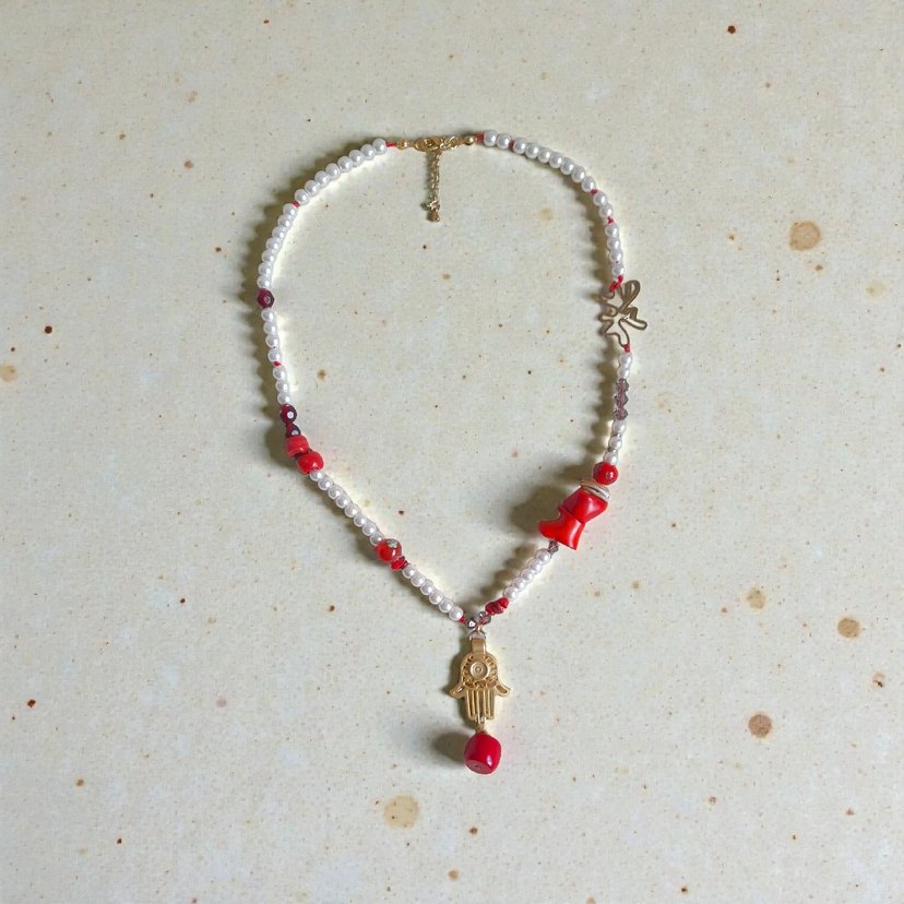 Kırmızı Mercanlı İnci Kolye - Görsel 2