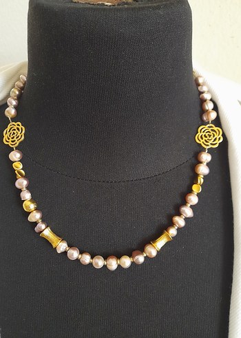 Gerçek pembei İnci ve Altın Çiçekli Kolye - Görsel 5