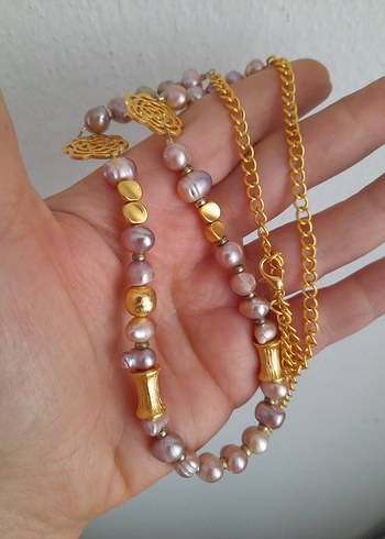 Gerçek pembei İnci ve Altın Çiçekli Kolye - Görsel 4