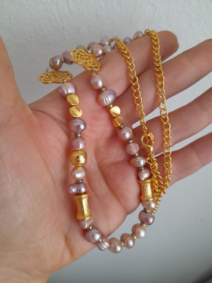 Gerçek pembei İnci ve Altın Çiçekli Kolye - Görsel 4