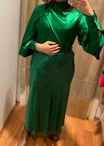 Kadın Yeşil Uzun saten etek takım - Görsel 2