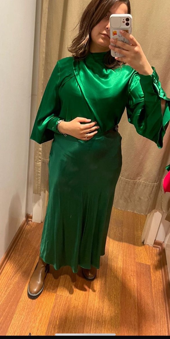 Kadın Yeşil Uzun saten etek takım - Görsel 2