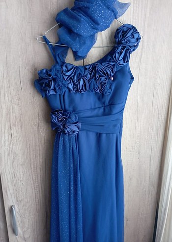 Mavi İşlemeli Uzun Abiye Elbise - Görsel 3