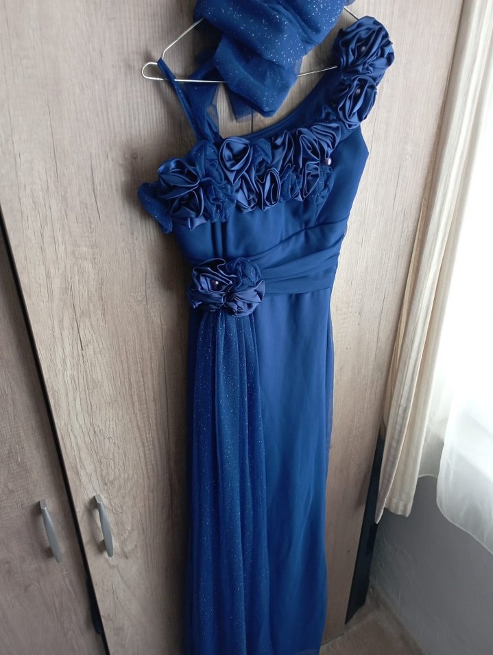 Mavi İşlemeli Uzun Abiye Elbise - Görsel 2