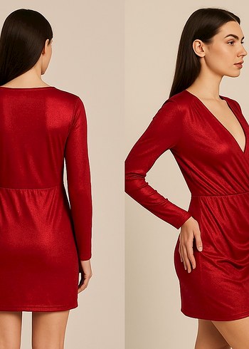 Kırmızı Drapeli V Yaka Midi Kokteyl Elbisesi - Görsel 2