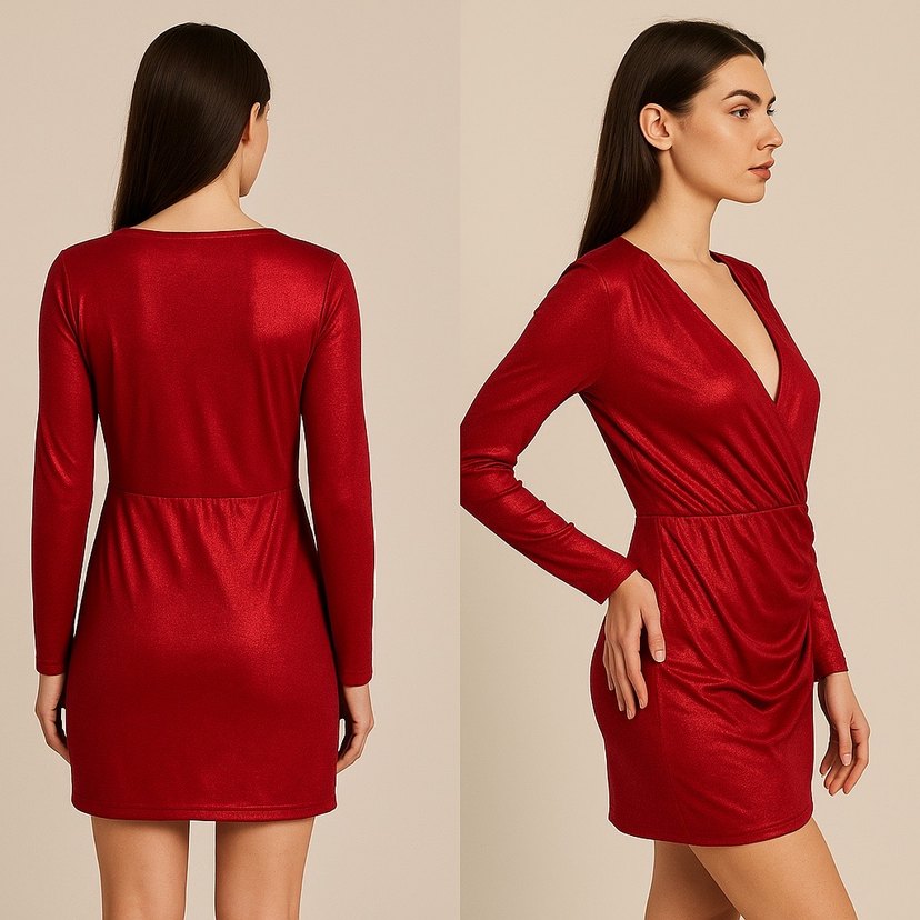 Kırmızı Drapeli V Yaka Midi Kokteyl Elbisesi - Görsel 2