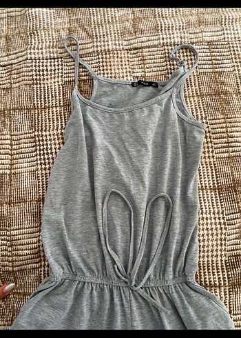 Gri Keten Kadın Mini Tulum - Görsel 2