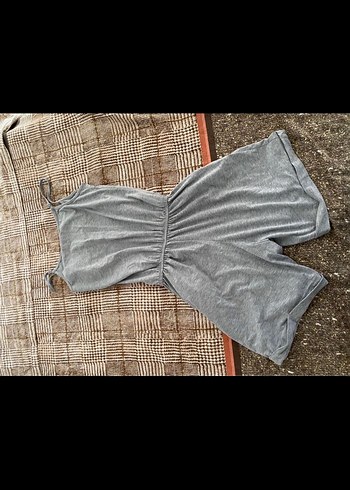 Gri Keten Kadın Mini Tulum - Görsel 4