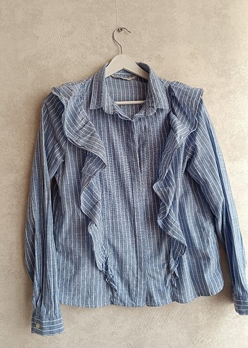 Kadın Mavi Çizgili Keten Fırfırlı Gömlek - Görsel 2