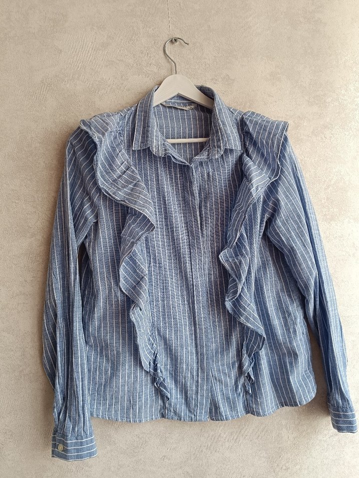 Kadın Mavi Çizgili Keten Fırfırlı Gömlek - Görsel 2