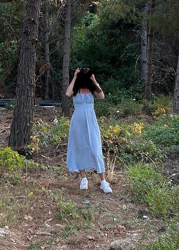 Mavi Kareli Midi Denim Elbise