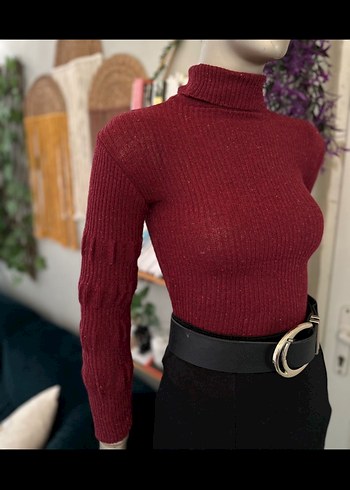 Bordo Balıkçı Yaka Triko Kadın Kazak - Görsel 6